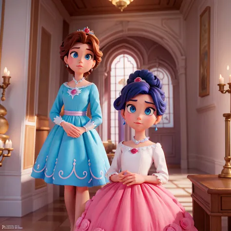 Affiche 3D inspirée de Disney Pixar, Une princesse ,50 ans ,  yeux bleue , cheveux marron foncé en chignon avec une raie au milleu , En robe de princesse completement rose , elle est dans un chateau majestueux