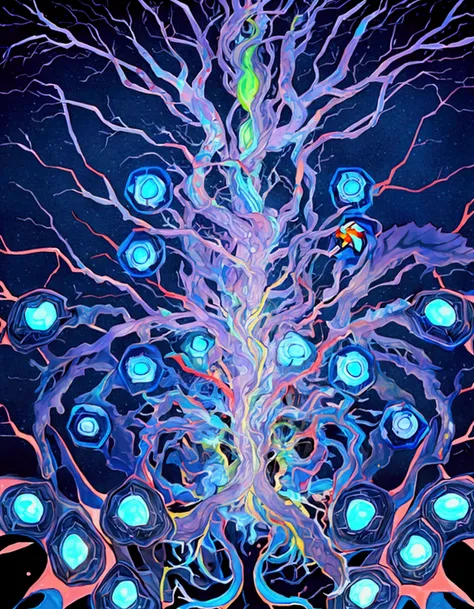 A very detailed illustration of a neurons synapse with membrane of the sender synapse and the receiver neuron both visible, with the space between filled with glowing colorful neurotransmitters molecules floating about.