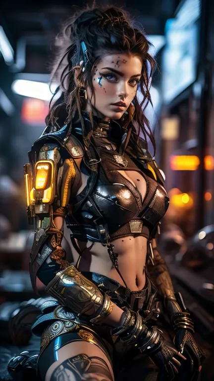 there is a sexy indian woman with a steam powered dark skin, with tall, royal look, street punk concept art, sexy full body view...