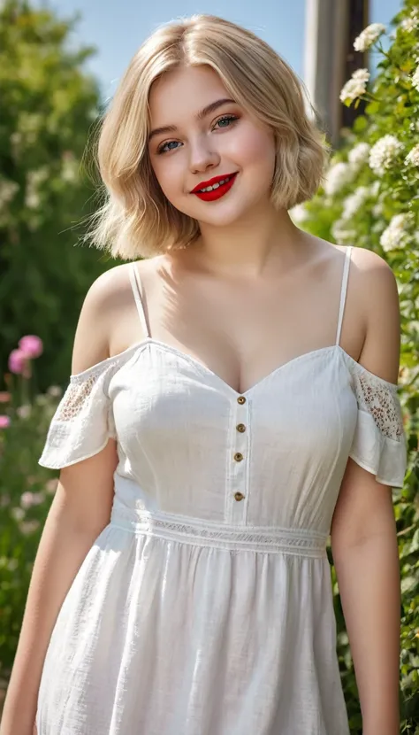 ultrarealistic high quality fullbody photo of a beautiful chubby european 18-year-old teen girl with cute hyperdetailed shy happy face and shoulder length platin-blonde classic bob and long legs, realistic round eyes, red lipgloss, decent makeup with eyeli...