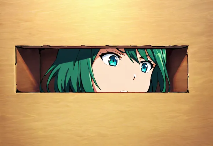 fubuki, green hair,glory wall,stuck in wall,half of body is visible