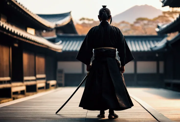 samurai, wearing a black hakama, Blur the background, 8k, Japanese atmosphere, warrior, dark, silhouette, cold,