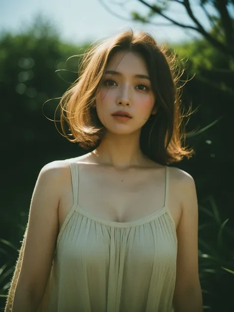 full-length shot, best quality, a 20y chubby japanese women, wearing bohemian slip dress, redhead hair blowing in the wind, mood...