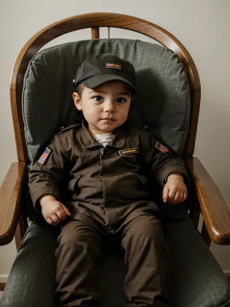 2 week old baby, wearing pilot clothes, sat on a small chair with a faint smile.