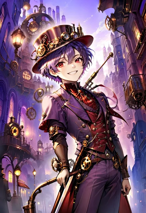 one young boy, red ruby eye, beautiful face like girl, short bob light-purple haircut, in steampunk suit. city background. hat. ...