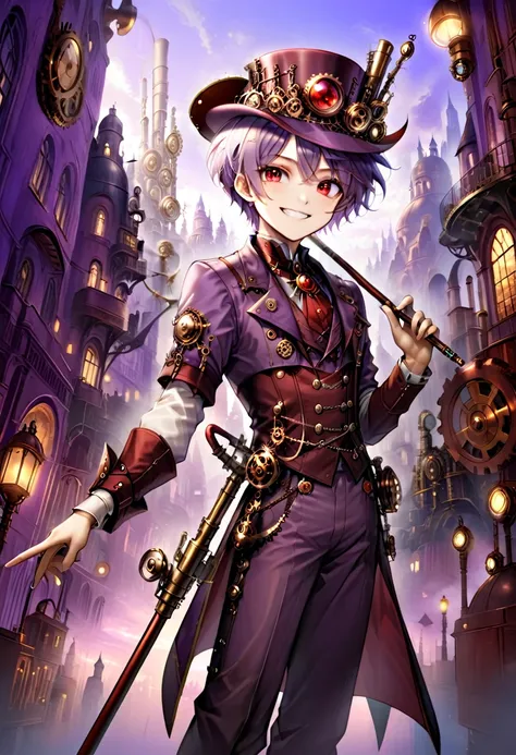 one young boy, red ruby eye, beautiful face like girl, short bob light-purple haircut, in steampunk suit. city background. hat. ...