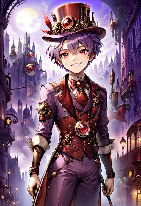 one young boy, red ruby eye, beautiful face like girl, short bob light-purple haircut, in steampunk suit. city background. hat. ...