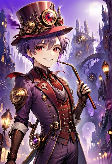 One young boy, red ruby eye, beautiful face like girl, short bob light-purple haircut, in steampunk suit. City background. Hat. Cane. Noble. Devil Smile.