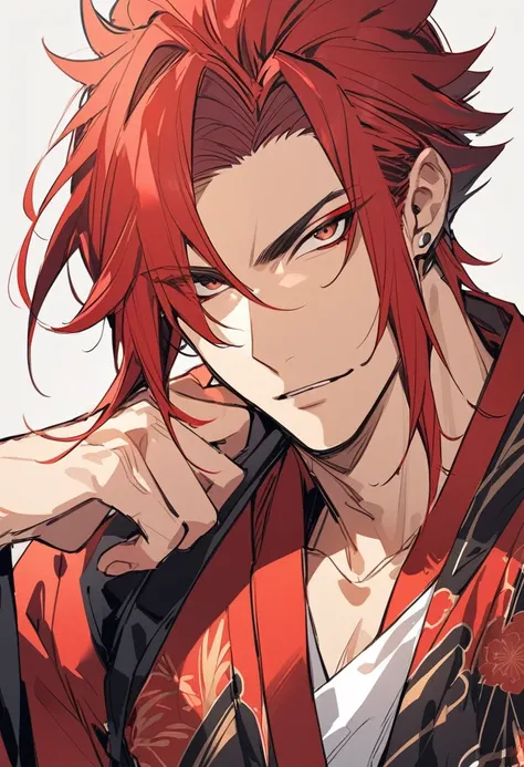 A anime man, mullet hair, red hair, black and red kimono,