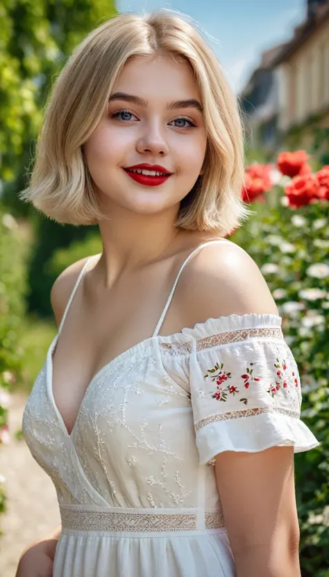 ultrarealistic high quality fullbody photo of a beautiful chubby european 18-year-old teen girl with cute hyperdetailed shy happy face and shoulder length platin-blonde classic bob and long legs, realistic round eyes, red lipgloss, decent makeup with eyeli...