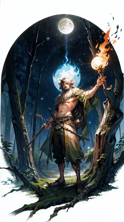 forest druid guy, driftwood staff, dynamic pose, it's night all around, dense forest, fireflies, moon, super detail, tattoos all...