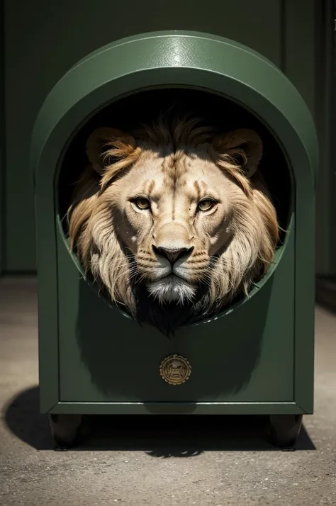 A lion with stylized features, dark green palette colors, subtle elements that refer to the financial market, like a graph or currency, a stylized safe, Friendly and confident expression