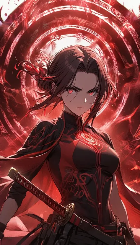 1girl,red curtain hair forehead,,red katana,red glowing eldritch magic circle, serious, perfect body,