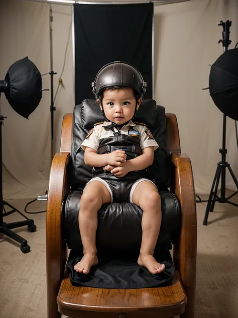 
A 2 week old newborn baby, wearing an Indonesian pilot outfit, sits on a small chair in a photo studio.