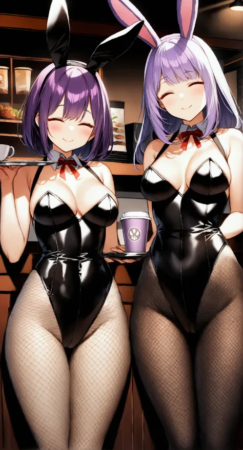 cute face, ideal ratio body proportions, curvy, blush, medium hair, (purple hair), (pink eyes), (medium breasts), (((2 girls))), ((Bunny ears)), (((purple Bunny girl))), ((Fishnet tights)), (((Closed your eyes))), ((Closed your mouth)), smile, (((Hold the ...