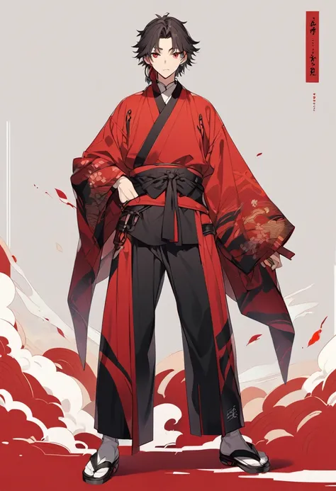 A anime man, black short mullet hair, red eye, black and red kimono, standing, full body, adult