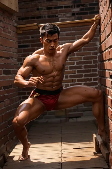 A powerful image of a male martial artist breaking through a barrier (e.g., wooden boards, bricks) with intense focus and determination.