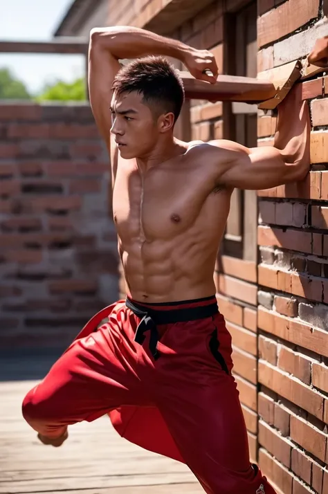 a powerful image of a male martial artist breaking through a barrier (e.g., wooden boards, bricks) with intense focus and determ...