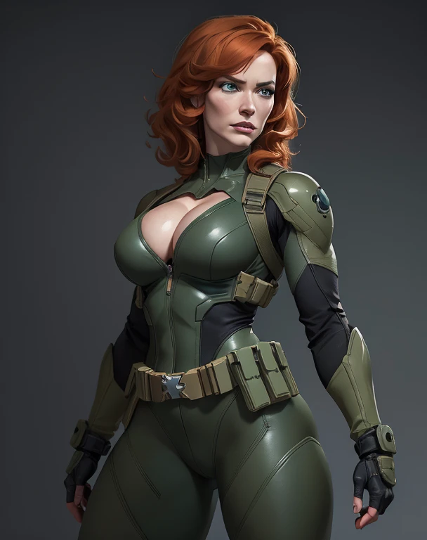 imagine christina hendricks as a metal gear solid character, powerful female character, short wavy orange hair and bright blue e...