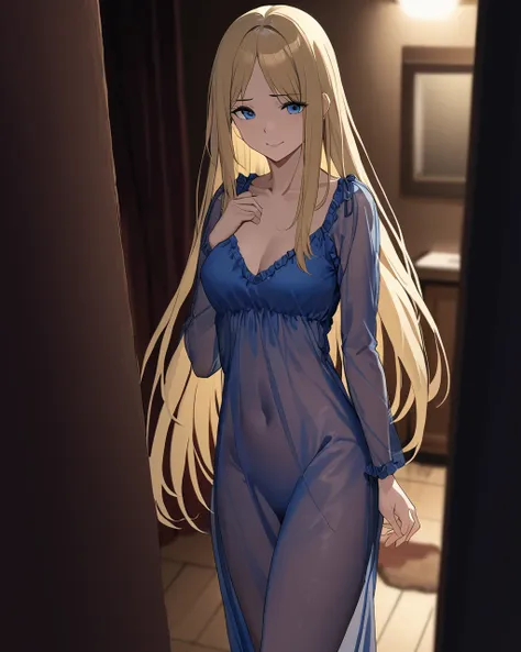 masterpiece,highest quality,1girl,alone,blonde hair,long hair,straight hair,blue eyes,prostitute,brothel,sad smile,negligee,see-...