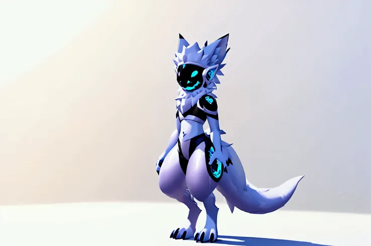 a protogen with blue colors, offwhite, gray and dark blue. styled hair, ssmile, fluffy ears, velues, fully body