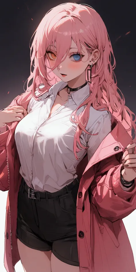 cyberpunk, girl, 1 girl, beautiful lady in office black button-down shirt and shorts, office long pink coat, long pink hair, mul...