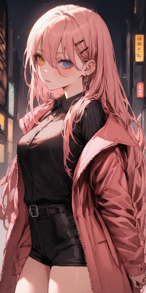 cyberpunk, girl, 1 girl, beautiful lady in office black button-down shirt and shorts, office long pink coat, long pink hair, mul...