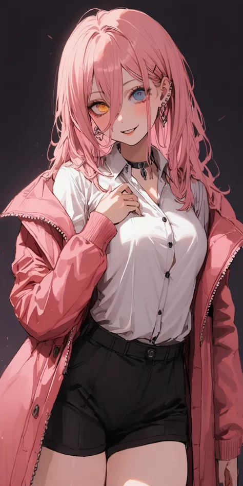 cyberpunk, girl, 1 girl, beautiful lady in office black button-down shirt and shorts, office long pink coat, long pink hair, mul...