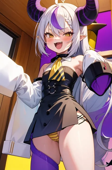 , 1girl, :d, ahoge, ascot, bangs, bare shoulders, black dress, blush, braid, demon horns, dress, fang, grey hair, hair between eyes, horns, la+ darknesss, long hair, looking at viewer, multicolored hair, open mouth, pointy ears, indoor, purple hair, single...