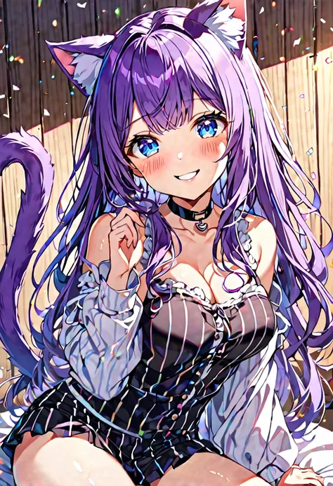 1girl, blue eyes, long hair, bangs, purple hair, breasts, smile, blush, light smile, cat ears, purple cat tail