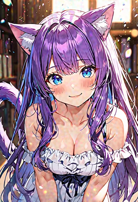 1girl, Blue eyes, Long Hair, Bangs, Purple Hair, Breasts, Smile, Blush, Light Smile, cat ears, purple cat tail