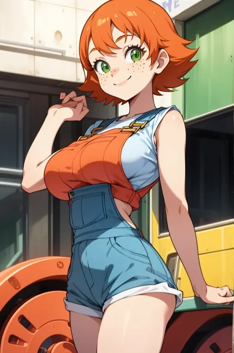 1girl, sxfrances, short hair, orange hair, green eyes, freckles, red overalls, blue_shirt, smile, solo, looking at viewer ,big b...