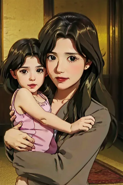 shy brown haired mother holding her daughter