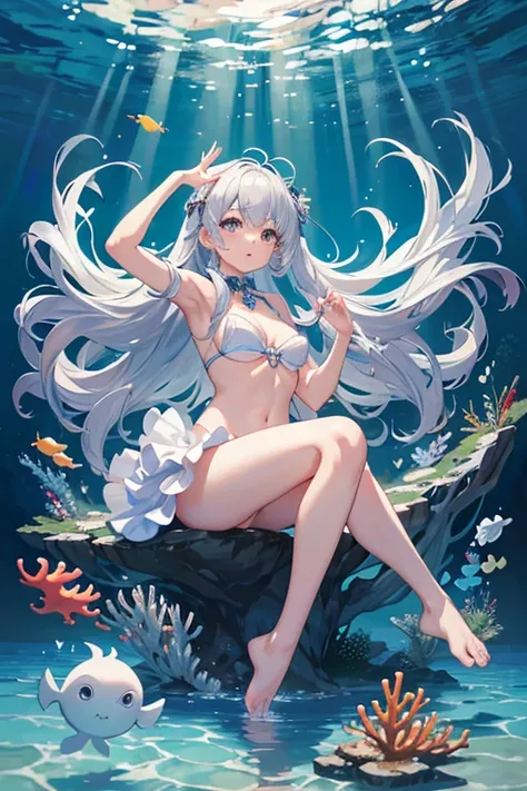 masterpiece, Highest quality, High resolution，Follow the on-screen instructions、Anime Style、Follow the on-screen instructions、One Girl、Long silver hair、Coral Reef、fish、Drop position、Falling、Bend your knees and reach your hands out towards the water、Staring...