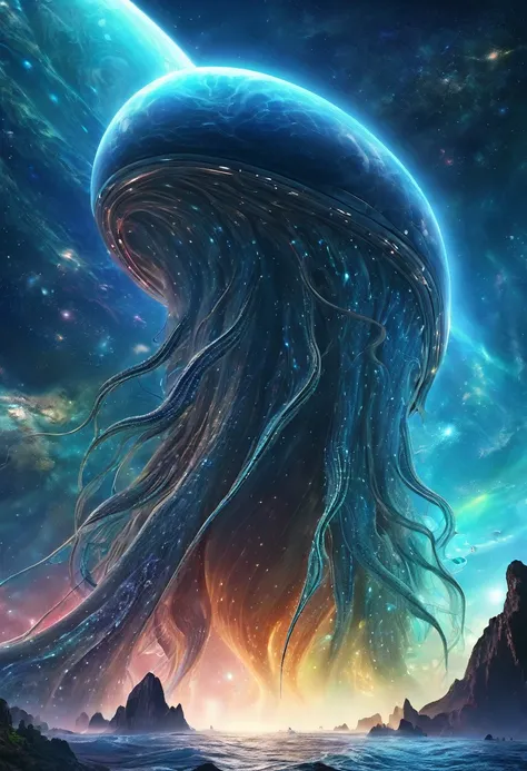 (best quality,4k,8k,highres,masterpiece:1.2),ultra-detailed,(realistic,photorealistic,photo-realistic:1.37),sci-fi,alien,space,starwhale,gigantic interstellar creature,vast cosmic ocean,celestial anomaly,ethereal aura,bioluminescent tendrils,otherworldly m...