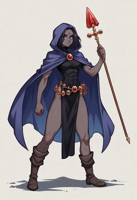 1 adult girl, Raven, black skin black leotard, black cloack, hooded cloak, knee-length Greek skirt, booties, long flowing hair, wavy black hair, forehead jeauel, purples eyes, medieval belt, firm skin, standing, toned, breastsout, battle pose, (posando)), ...