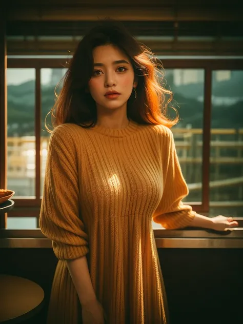 full body shot, Best quality, a 20y (chubby:1.3) kazak women, wearing (bohemian woolen dress:1.3), big breast, (sexy:1.2) (redhead:1.2) hair blowing in the wind, moody atmosphere, sunlight exposure, beautiful shadow, intricate posing in the (hongkong cafe:...