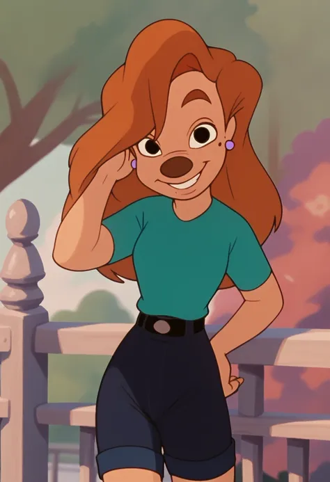 roxanne, 1girl, brown hair, long hair, solo, earrings, black eyes, green shirt, short sleeves, smile, furry female, shorts, belt...