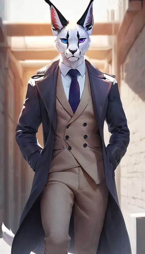 white caracal, black ears, in trenchcoat, digital art, (detailed:1.5), male, great details, perfect anatomy, solo, full body, three piece suit, tie, lean build, blue and purple eyes, heterochromia, masterpiece, best quality, 24k