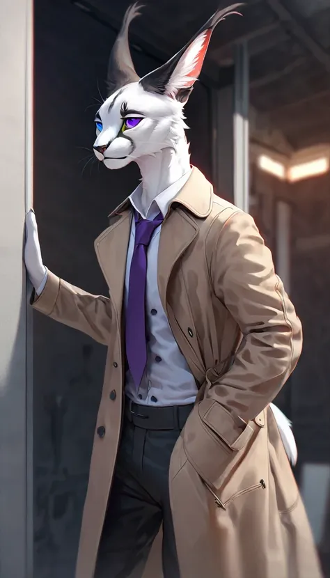 white caracal, black ears, in trenchcoat, digital art, (detailed:1.5), male, great details, perfect anatomy, solo, full body, three piece suit, tie, lean build, blue and purple eyes, heterochromia, masterpiece, best quality, 24k