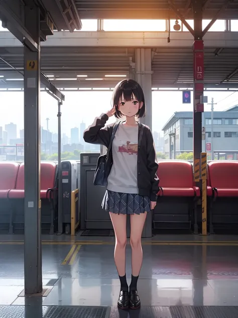 masutepiece, Best Quality, High resolution, Extremely detailed, Detailed background, Cinematic lighting, 1girl in, Looking at Viewer, Wear a plaid shirt, microminiskirt, Pleated skirt, standing, Full body,  Sunlight, Waiting train, train station, Stand on ...