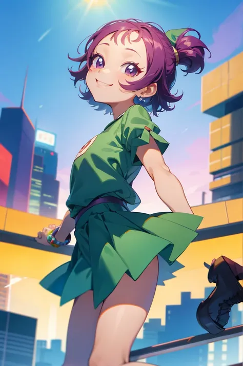 best quality, ojsgwopcs, one side up, green shirt, dress, shorts under skirt, smile, looking at viewer, city