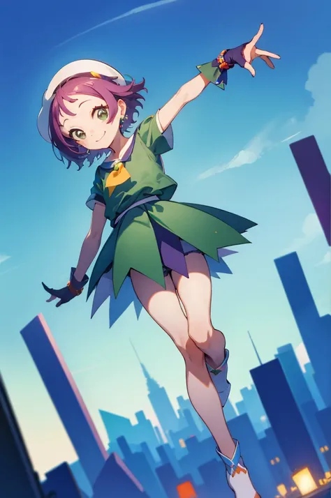 best quality, ojsgwopcs, one side up, green shirt, dress, shorts under skirt, smile, looking at viewer, city