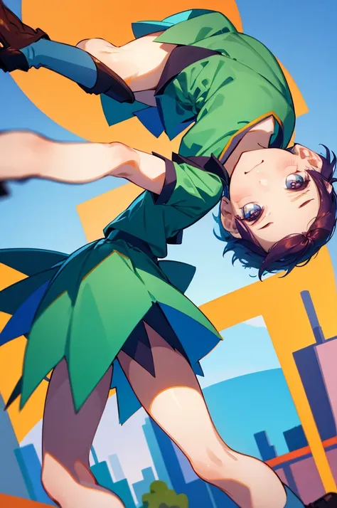 best quality, ojsgwopcs, one side up, green shirt, dress, shorts under skirt, smile, looking at viewer, city