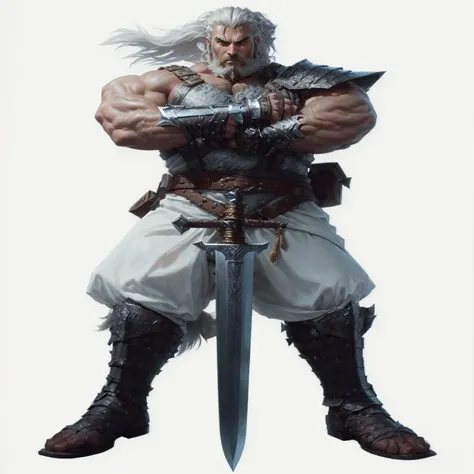 sharpened man holding a sword and a beard in front of a white background, barbarian, handsome prince of Persia, barbarian class, infinity blade concept art, barbarian warrior, robust and attractive male with armor, picture of an adult male warrior, adrian ...