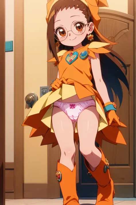 ojfjwrhzkmgc, glasses, smile, standing, full body, indoor,(((lift skirt,panties)))