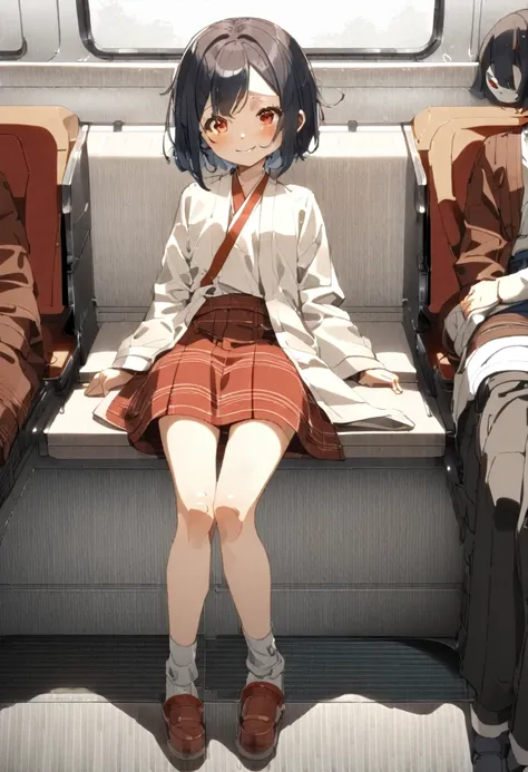 　(((Japanese)))(10-year-old girl)　((((10-year-old girlが一人、alone))))　Black Hair　Red fake hair　whole body写真　Full Shot　short hair　Low ponytail　whole body　Thighs　Autumn Outfits　　Facing seats on train　Spread your legs　((Embarrassed))　Visible through the gap(Pan...