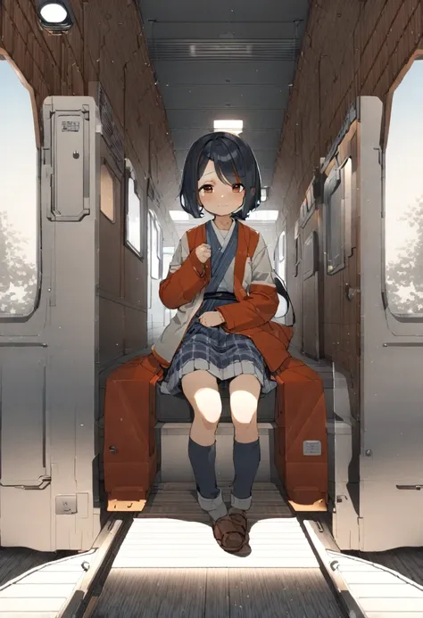 　(((Japanese)))(10-year-old girl)　((((10-year-old girlが一人、alone))))　Black Hair　Red fake hair　whole body写真　Full Shot　short hair　Low ponytail　whole body　Thighs　Autumn Outfits　　Facing seats on train　Spread your legs　((Embarrassed))　Visible through the gap(Pan...