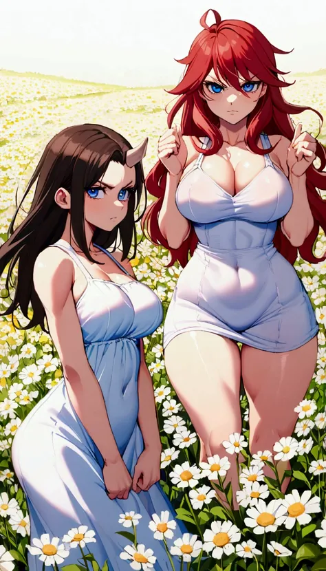 1dirl, sundress, open field, flower field,dark hair, red hair, long hair, blue Eyes, small horn, serious face, 19 years old, large breasts, triple D cup breasts, round buttocks, bubbly buttocks, wide hips, bubbly ass, fit, sundress,