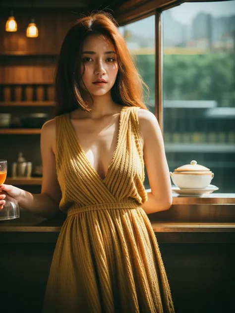 full body shot, Best quality, a 20y (chubby:1.3) kazak women, wearing (bohemian woolen dress:1.3), big breast, (sexy:1.2) (redhead:1.2) hair blowing in the wind, moody atmosphere, sunlight exposure, beautiful shadow, intricate posing in the (hongkong cafe:...